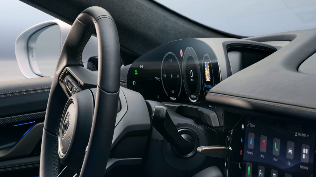 2026 Porsche Taycan EV interior with premium materials, digital cockpit, and luxury electric car design