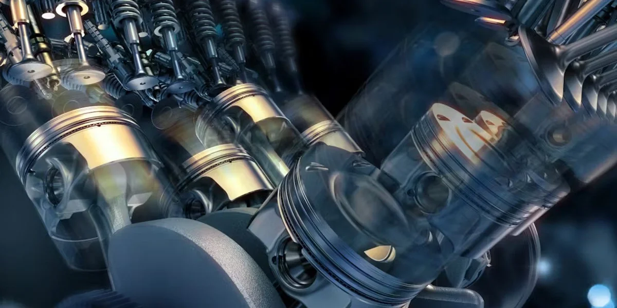 Close-up of the 2026 Porsche Cayenne's twin-turbo V6 engine with visible pistons and combustion.