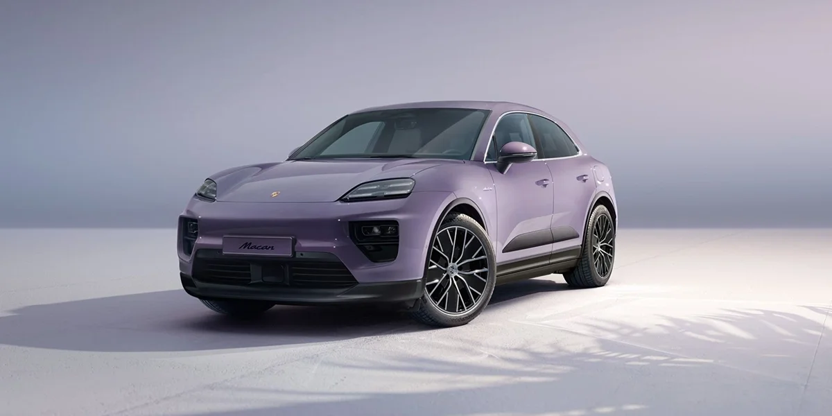 2026 Porsche Macan Electric 4 front angle view in violet metallic finish