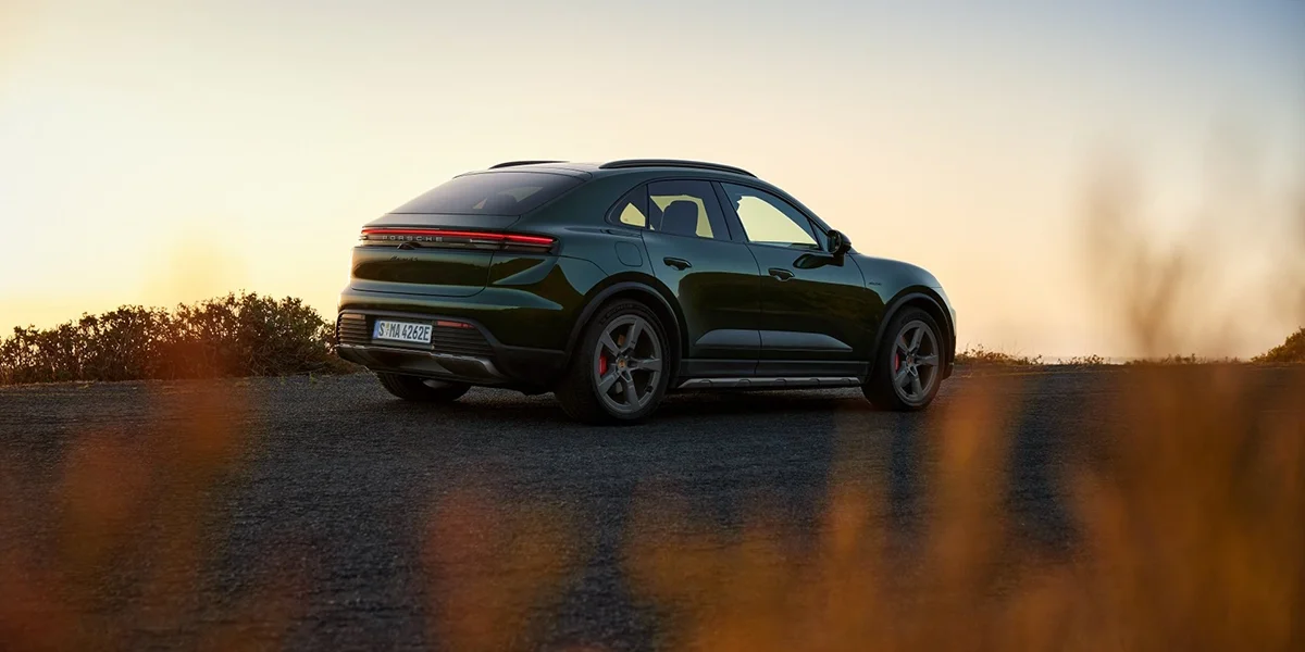 2026 Porsche Macan Electric 4S rear angle view highlighting taillights