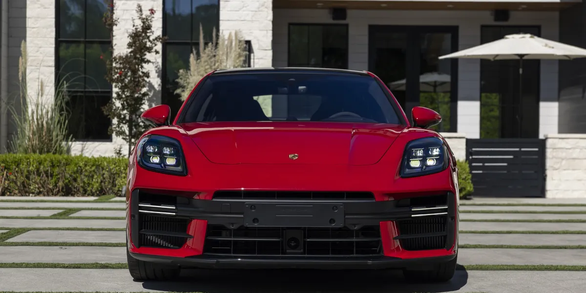Front view of the 2026 Porsche Panamera GTS showcasing LED headlights and front grille
