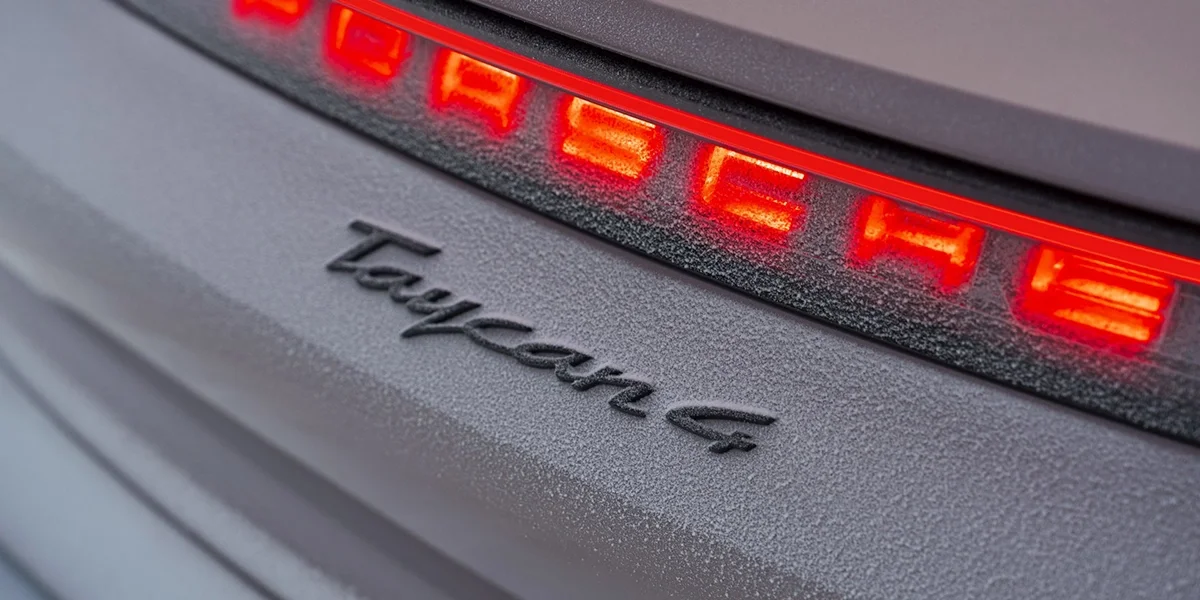 Close-up of Porsche Taycan rear badge and frosted LED light bar glowing red in icy weather.