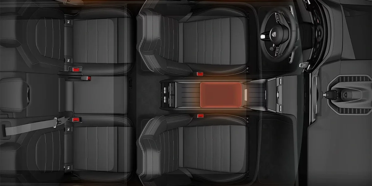 Porsche Cayenne top-down interior view highlighting front and rear seats, center console, and spacious cabin layout.