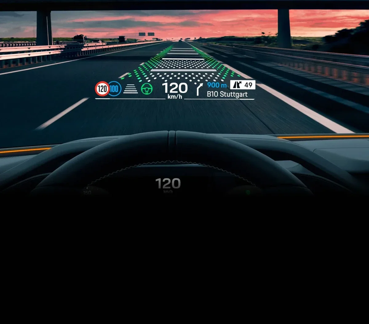 Driver’s view of the 2027 Porsche Cayenne Electric head-up display showing navigation and lane guidance.