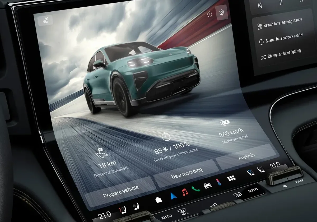Infotainment display showing digital controls and performance data for the 2027 Porsche Cayenne Electric.